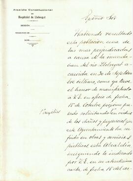 Carta enviada per l’alcalde de l’Hospitalet a l’alcalde de Barcelona demanant ajuda pels danys ca...