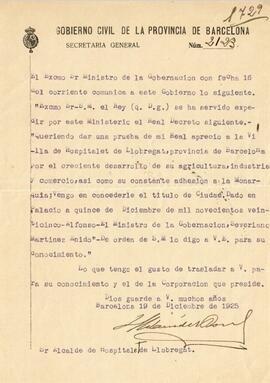 Concessió per part del rei del títol de Ciutat a L'Hospitalet de Llobregat