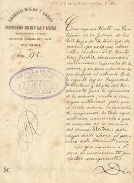 Carta de l'empresa que gestiona els drets de propietat de l'obra de Pérez Galdós