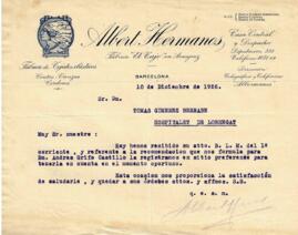 Carta d'Albert Hermanos a l'alcalde Tomás Giménez Bernabé