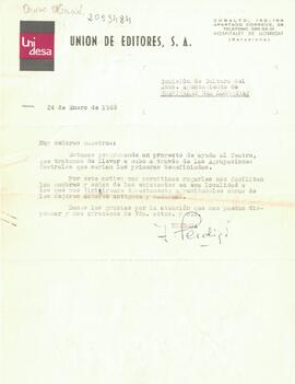 Carta d'UNIDESA (Unión de Editores S.A.) sol·licitant informació sobre les agrupacions teatrals d...