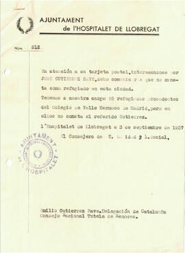 Carta en resposta a Emilio Gutiérrez Ravé, que havia demanat per tarjeta postal del Consell Nacio...