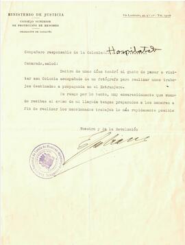 Carta de la Delegació a Catalunya del  Consell Nacional de Tutela de Menors del Ministeri de Just...