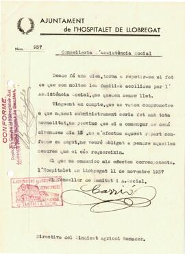 Carta del Conseller de Sanitat i Assistència Social de l'Ajuntament dirigida a la directiva del S...