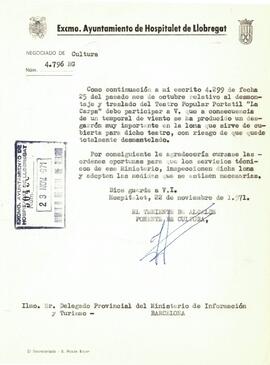Carta sobre els desperfectes en el Teatre Popular Portàtil "La Carpa"