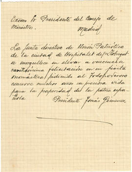 Esborrany d'una carta del president de La Unión Patriótica dirigida al president del Consell de M...