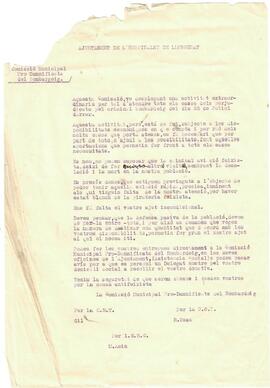 Carta de la Comissió Municipal Pro-Damnificats del Bombardeig