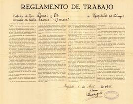 Reglament de treball de la fàbrica Sres. Amat i Cia, situada al carrer Farnés