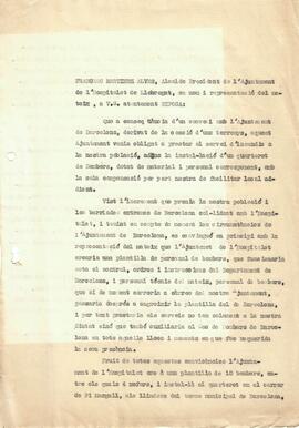 Carta de Francesc Martínez Alves, alcalde de l'Hospitalet de Llobregat a l'alcalde de Barcelona r...