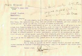 Carta de Lluís Aymamí dirigida a Ramon Frontera, president del Consell Local de Primera Ensenyança