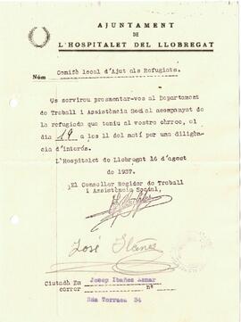 Carta del Comitè Local d'Ajut als Refugiats enviada a Josep Ibañez Aznar