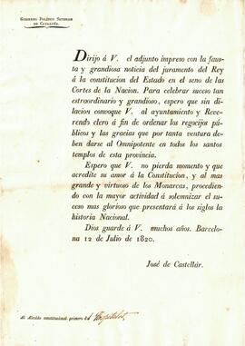 Circular del Govern Superior Polític de Catalunya informant del jurament del Rei a la constitució...