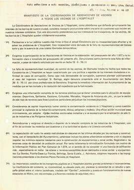 Manifest de la Coordinadora d'Associacions de Veïns a tots els veïns de l'Hospitalet
