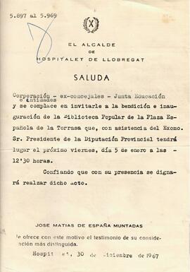 Carta d'invitació a la inauguració de la Biblioteca Popular de la Plaça Espanyola