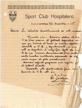Carta d'invitació per part del Sport Club Hospitalenc, a la corporació municipal al Festival Espo...