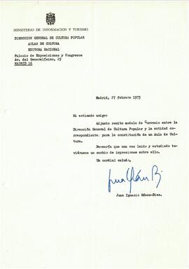 Carta de la Direcció General de Cultura Popular del Ministeri d'Informació i Turisme. Aules de Cu...