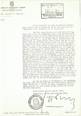 Carta de la Secretaria Tècnica de la Delegació Provincial de Barcelona del Ministeri d'Informació...